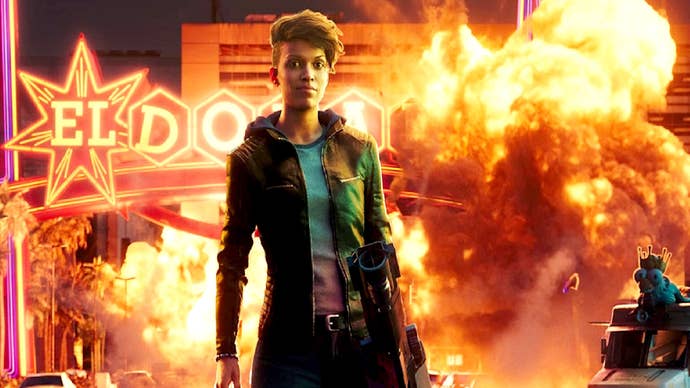saint’s row key art, featuring a character standing in front of an explosion