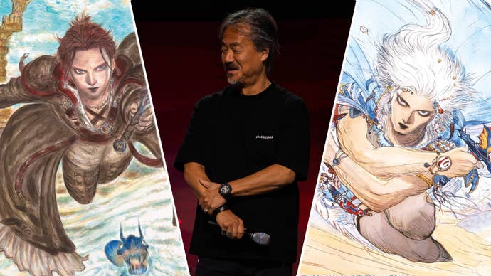 A triple-split image, featuring artwork of Final Fantasy 14: Dawntrail and Final Fantasy 3 (each featuring a character wielding two swords, intentionally referential). In the middle is ‘the father of Final Fantasy’, Hironobu Sakaguchi.