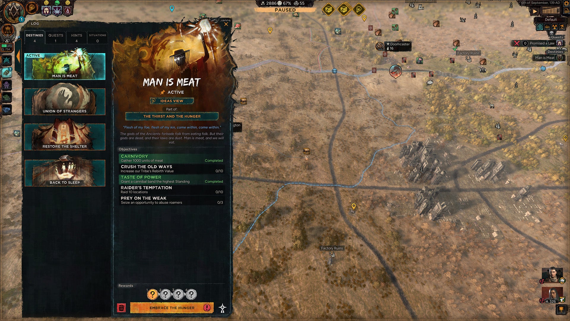 A zoomed-out view of a built-up wasteland area in Afterworld, with a list of tribal beliefs on the left.
