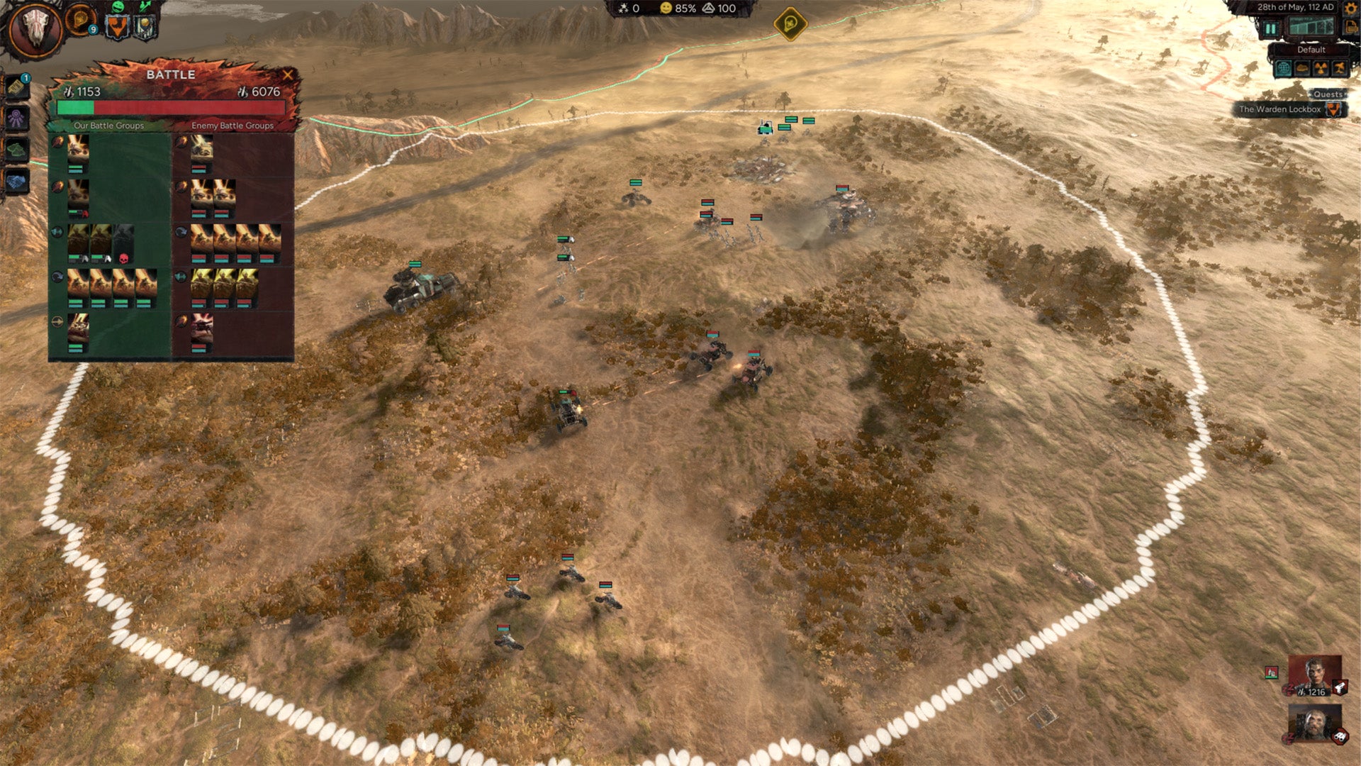 A zoomed-out view of soldiers and vehicles in combat in a brown scrubby area from Afterworld.