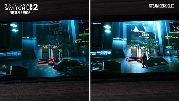 Switch 2 vs Steam OLED comparison: off-screen footage of Cyberpunk 2077 on both systems