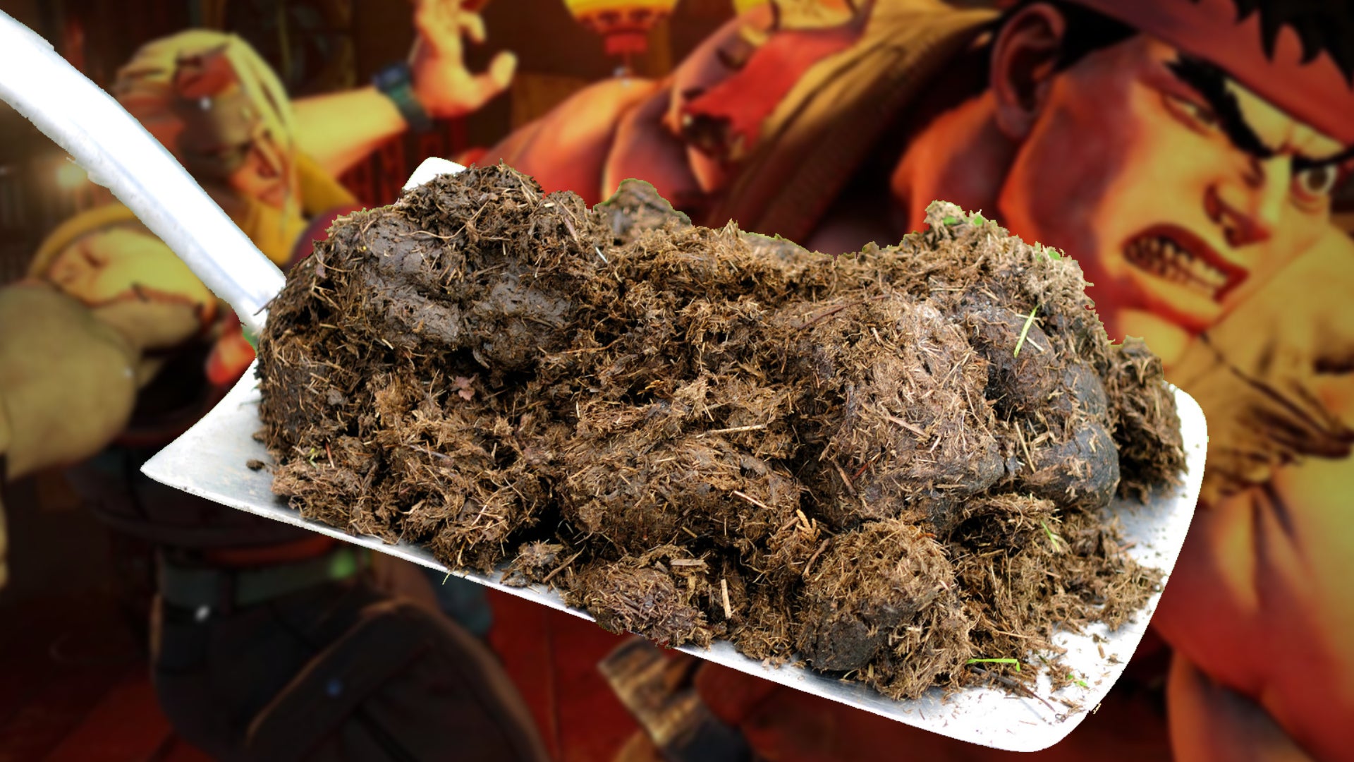 A shovel full of manure over the top of a Street Fighter 5 scree showing Ryu making a grimacing face. - 1