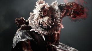 Akuma holds fist aloft on dark background in Street Fighter 6 artwork