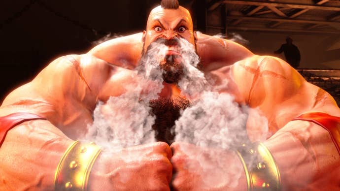 Steam pours out of Zangief’s nose as he strikes a pose in Street Fighter 6