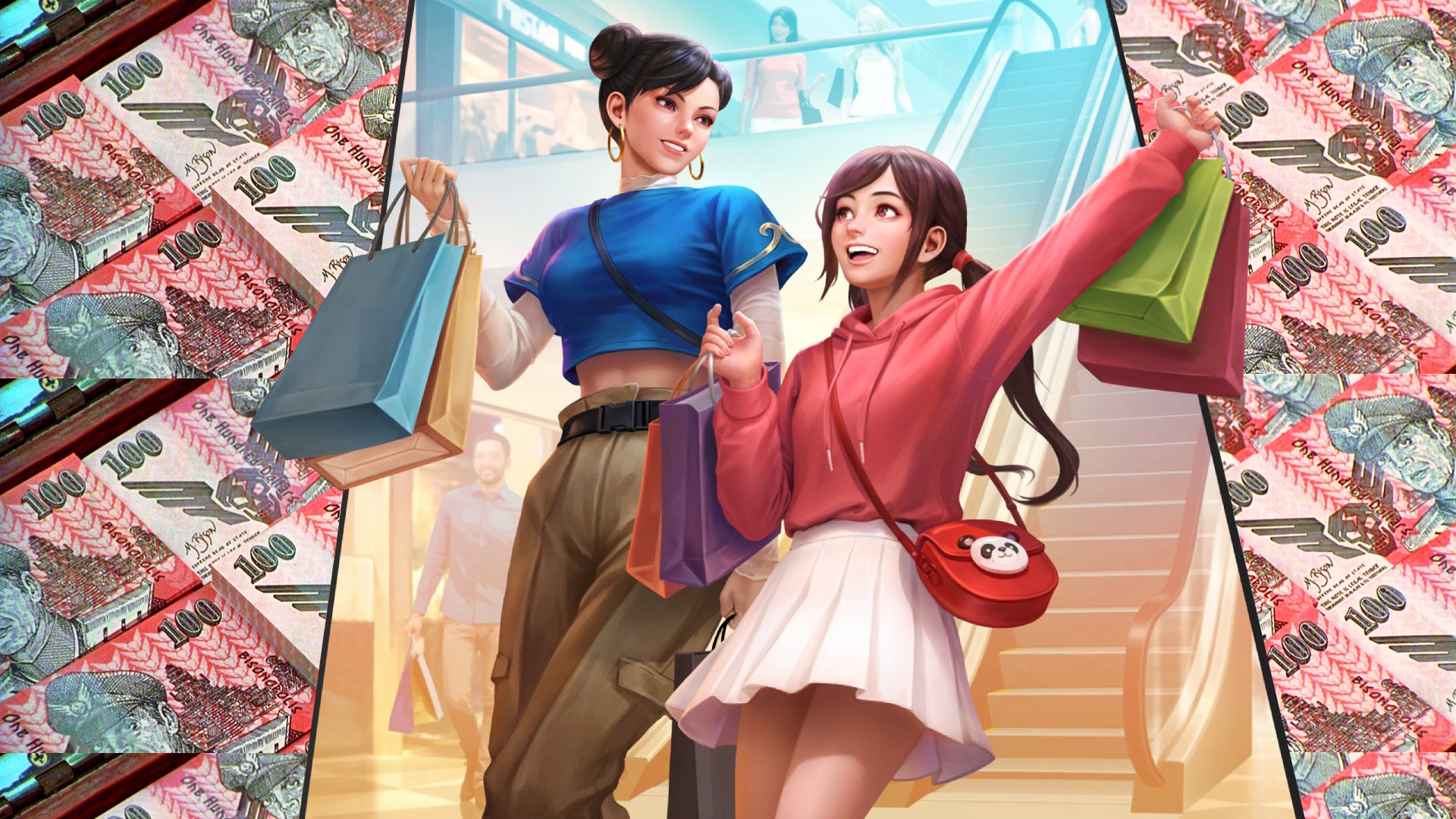 Chun-Li and one of her students on a shopping spree in World Tour in Street Fighter 6. In the background, tiles of Bison Bucks. - 1
