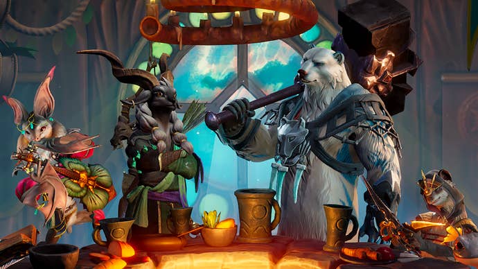 Sunderfolk screenshot showing animal fantasy characters stood around a fire