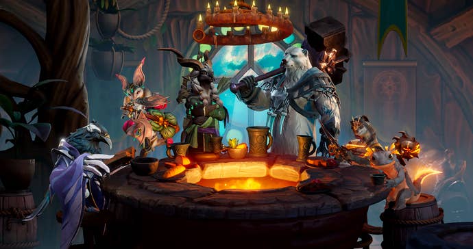 Sunderfolk screenshot showing multiple animal characters as warriors and wizards sat around a circular fireplace