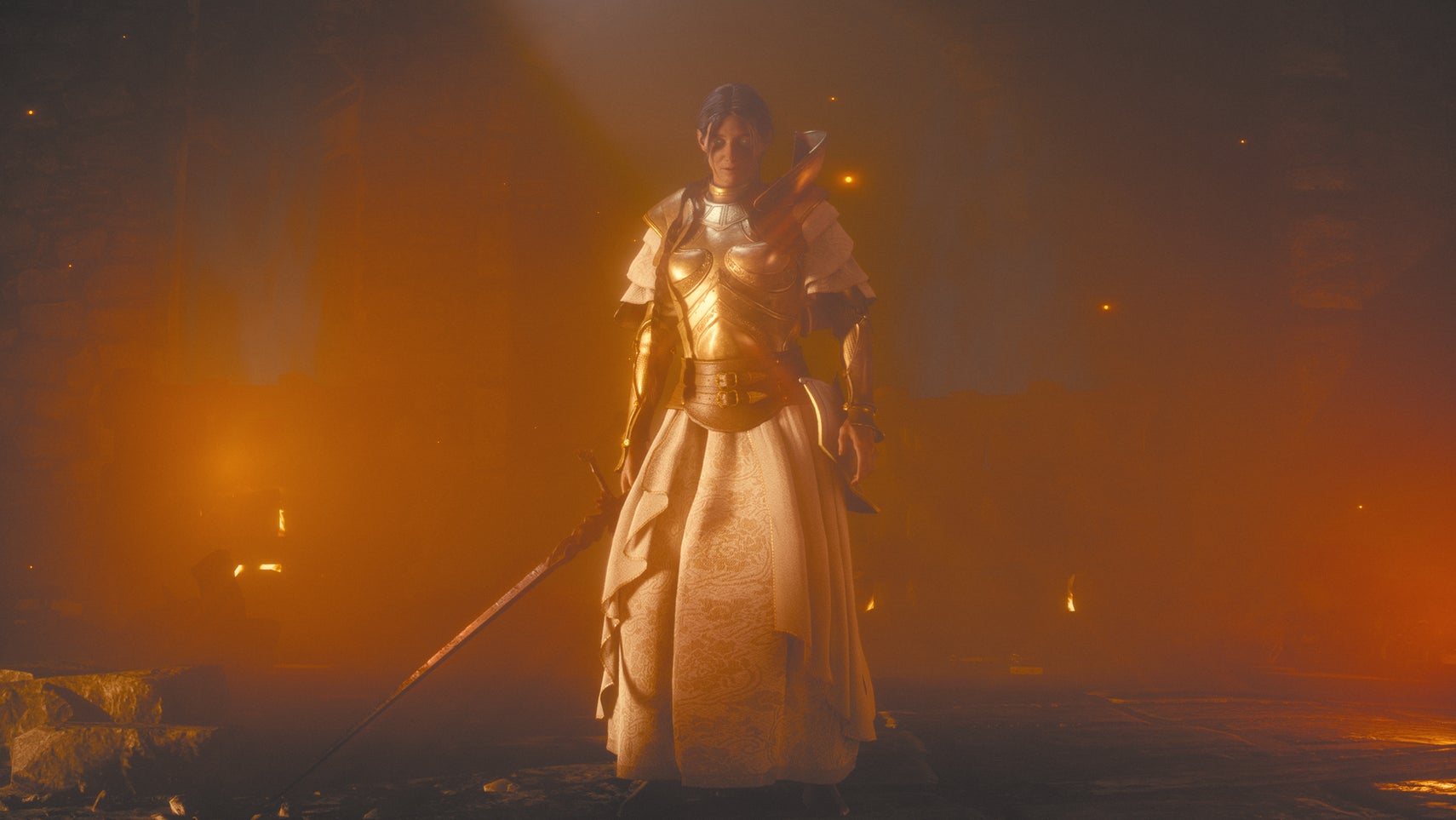 Soulframe Nightmaiden in centre frame, lady in knight armour with big sword.