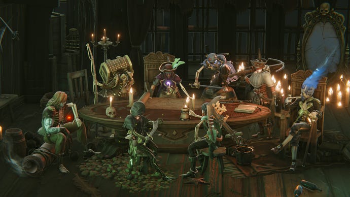 Pirates gather round a large table in Shadow Gambit: The Cursed Crew