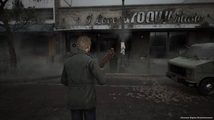 James Sunderland approaches the I Love Groovy Music store in the Silent Hill 2 remake