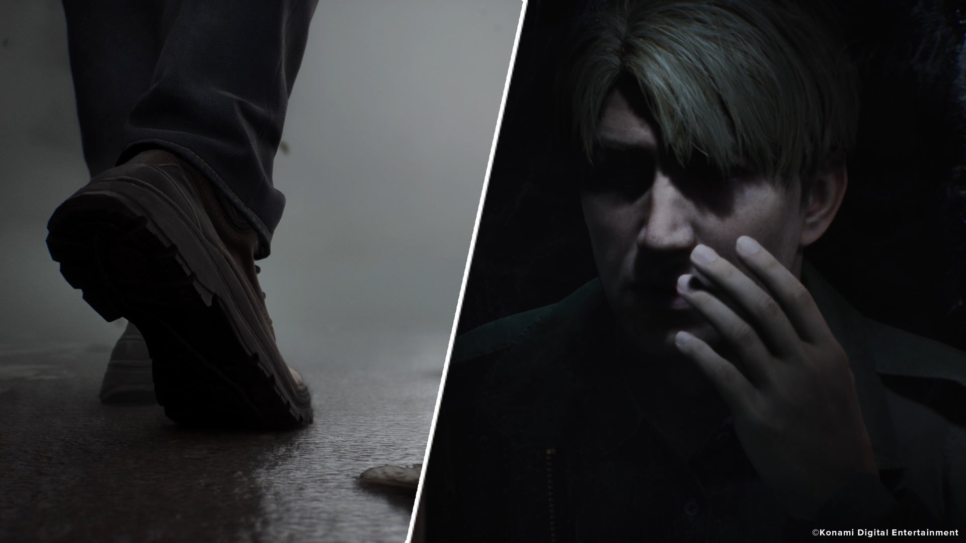 An image of James' shoe as he enters Silent Hill is shown alongside him looking in the apartments' mirror in the Silent Hill 2 remake - 1
