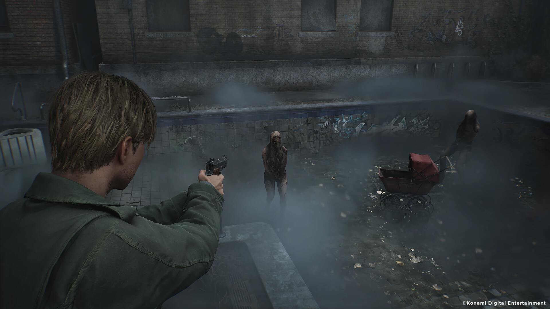 James Sunderland aims his handgun at a Lying Figure in the pool area in the Silent Hill 2 remake - 5
