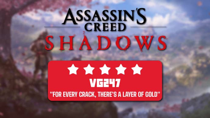 5* review header banner for Assassin’s Creed Shadows that reads: “for every crack, there’s a layer of gold”.