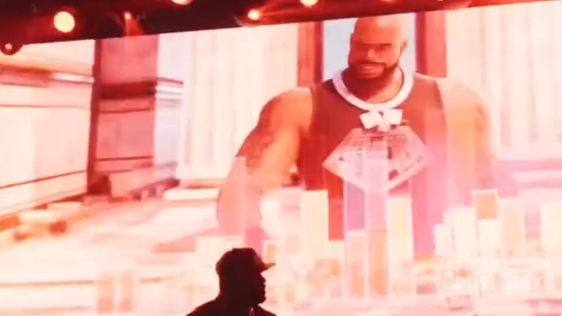 Shaq's in-game Fortnite model shown during DJ set.