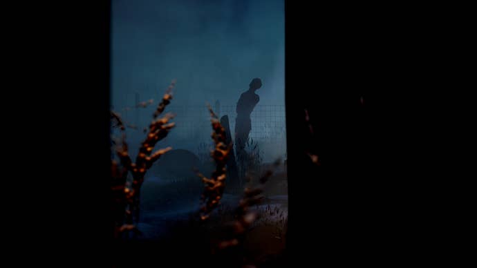 A skin and wire-bounded figure stands at a distance.