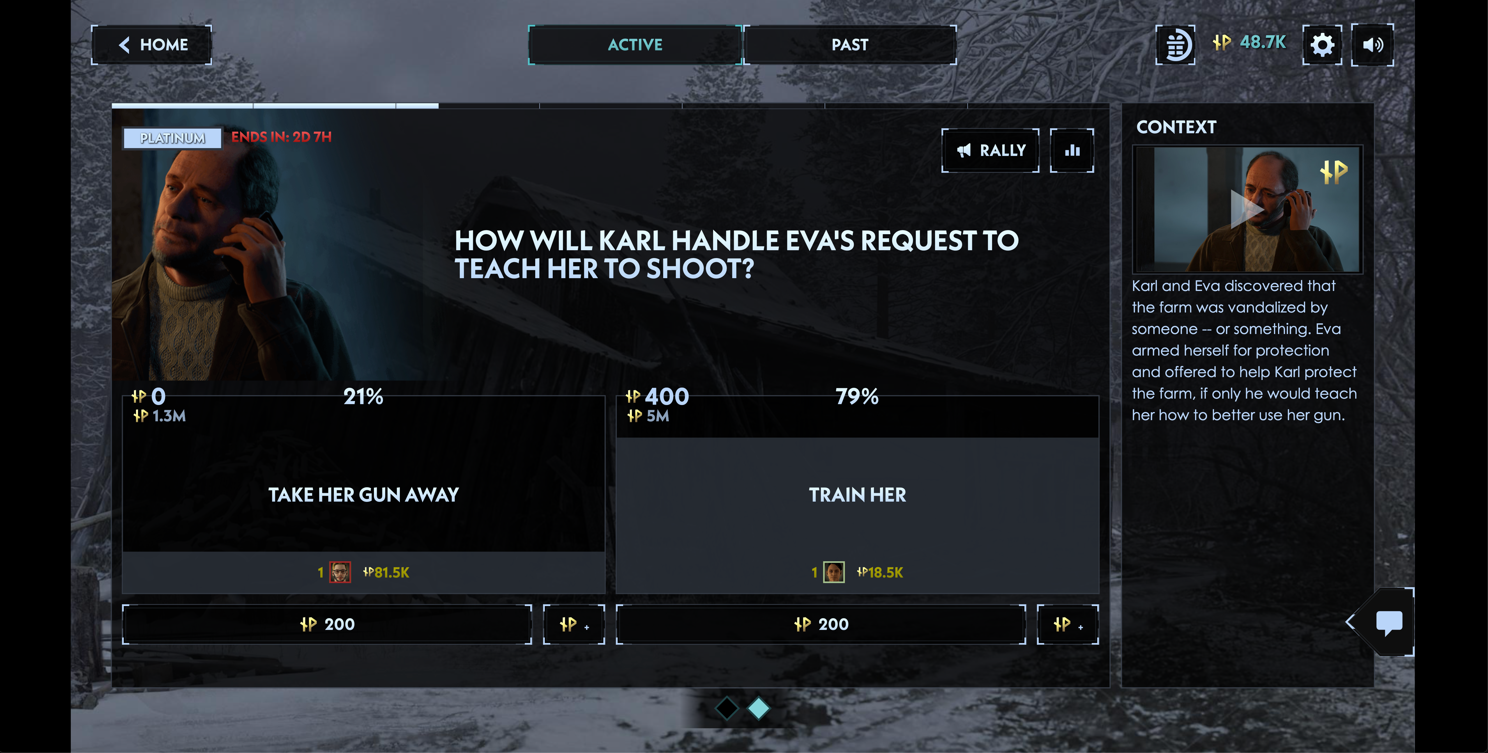 A vote screen. Here&rsquo;s Karl must decide whether to take Eva&rsquo;s gun away or train her. I&rsquo;m still not even sure who on earth Eva is.