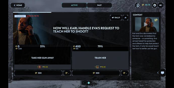 A vote screen. Here’s Karl must decide whether to take Eva’s gun away or train her. I’m still not even sure who on earth Eva is.
