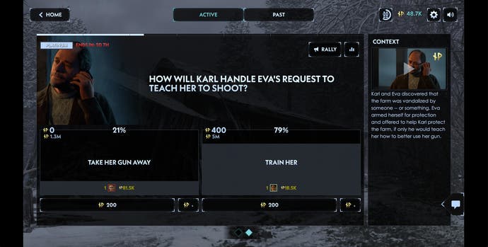 A vote screen. Here's Karl must decide whether to take Eva's gun away or train her. I'm still not even sure who on earth Eva is.