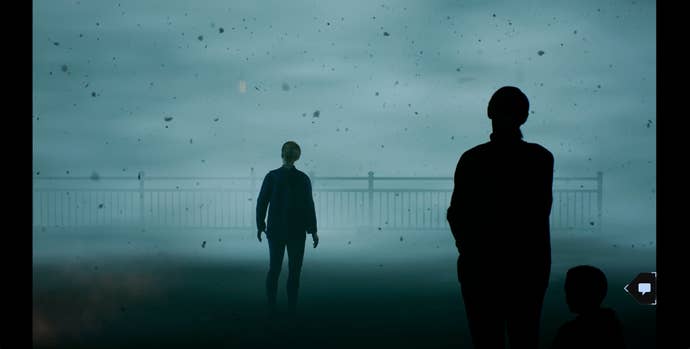 Astrid and a strange peer out into the ashy fog.