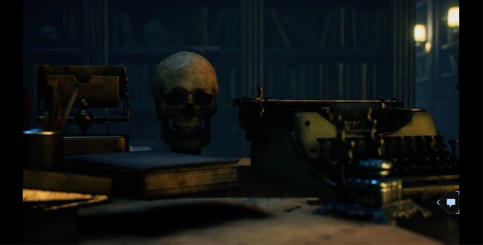 Some books, an old typewriter, and the prerequisite skull sit on a desk.