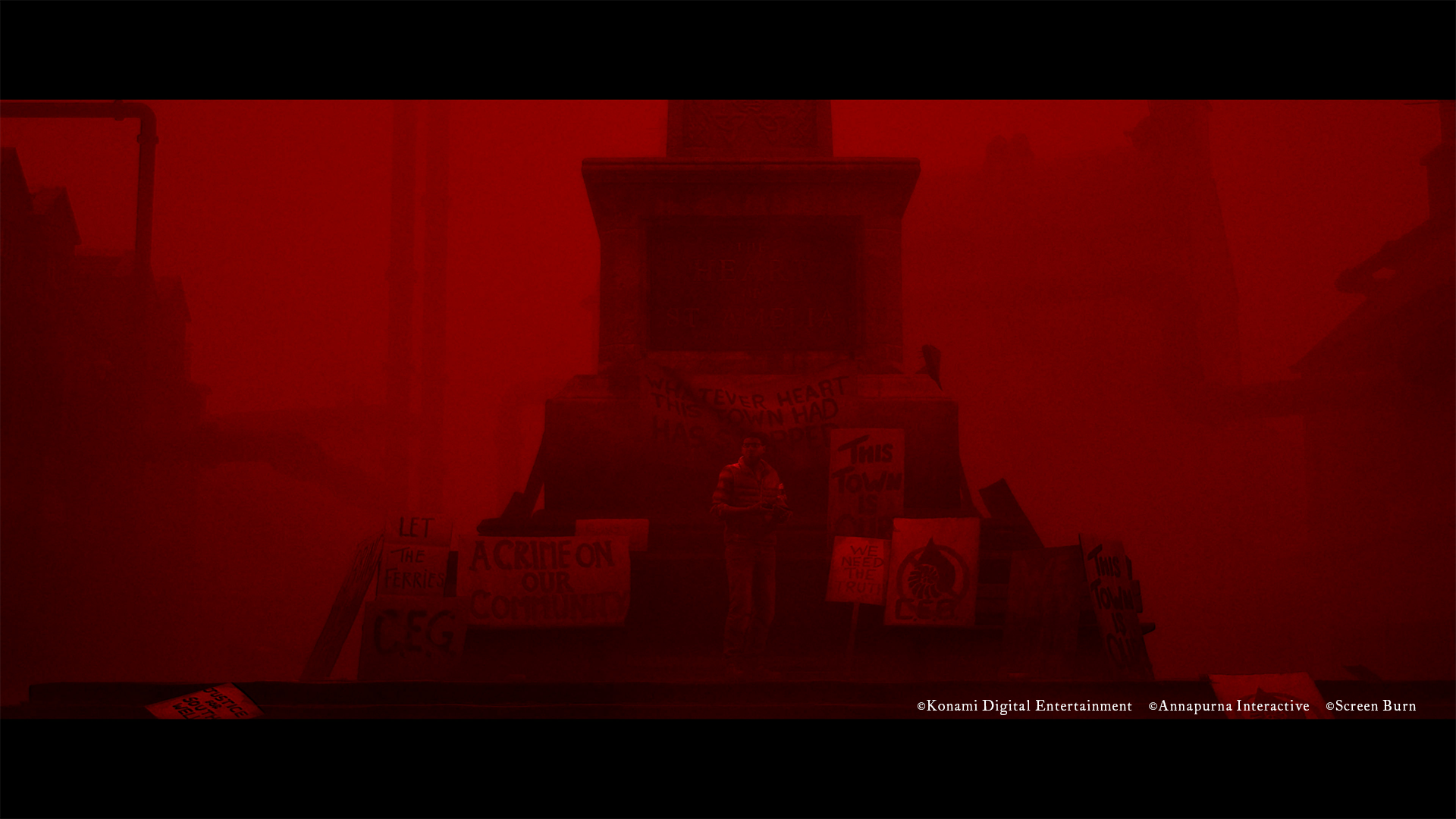 A red-tinted town square featuring a stone monument covered in protest signs reading phrases like "This town is..." and "A crime on our community," with a lone figure standing before it.