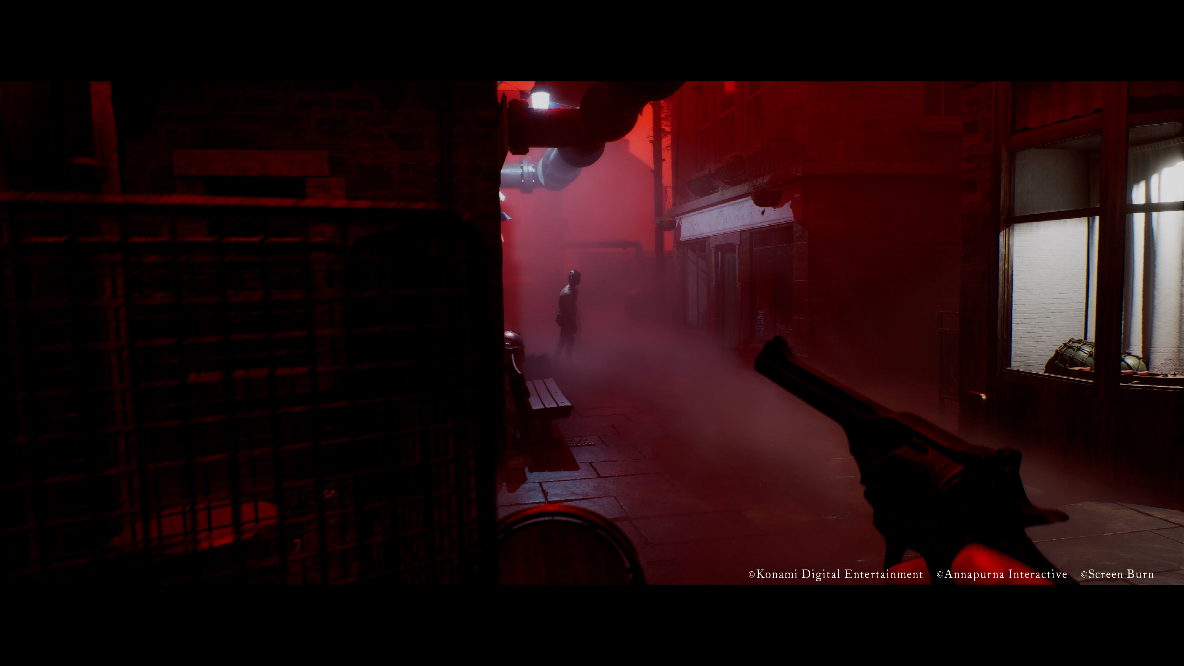 Simon aims an old pistol at an enemy in Silent Hill: Townfall.