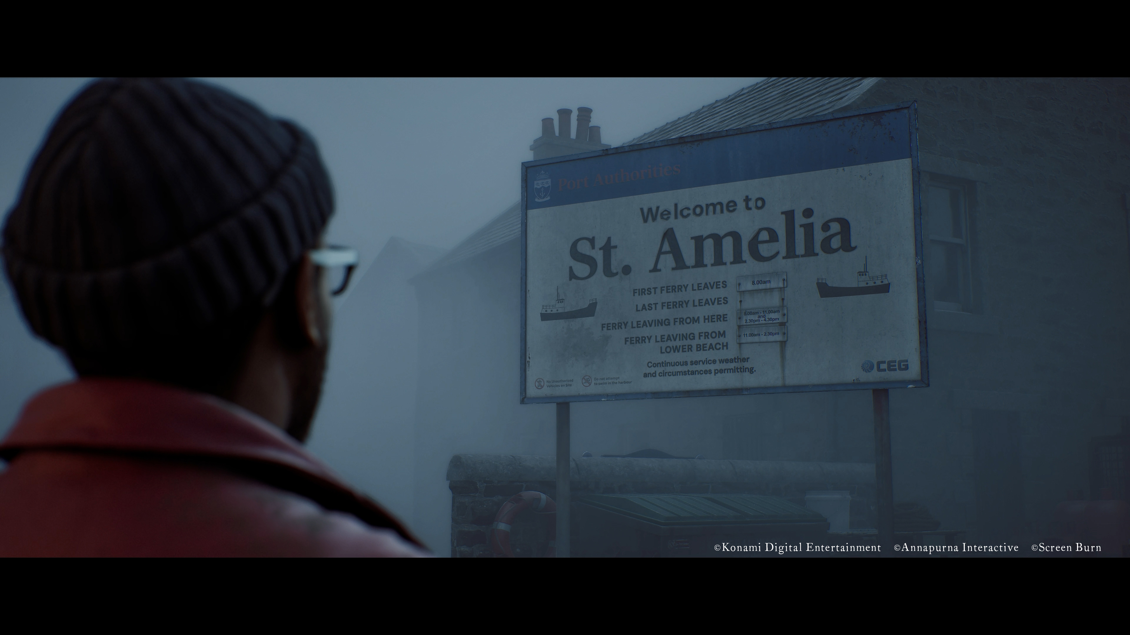 A man in a beanie and glasses looks at a large sign reading Welcome to St. Amelia with ferry schedule information, in a foggy street.