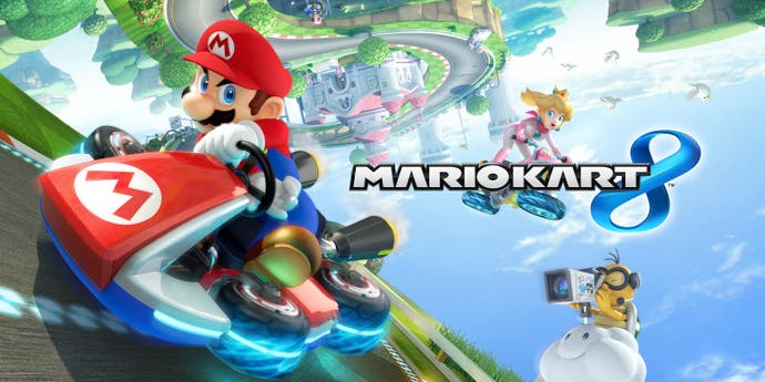 Mario Kart 8 artwork showing Mario racing in a kart.