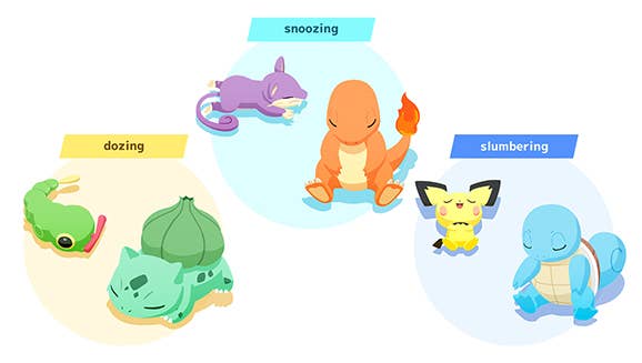 Pokemon Sleep screenshot featuring Caterpie, Bulbasuar, Charmander, Rattata, Pichu, and Squirtle.