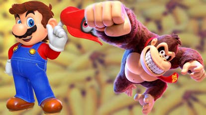 Image showing Mario from Super Mario Odyssey on the left and Donkey Kong on the right overlaid across a blurred out image of bananas