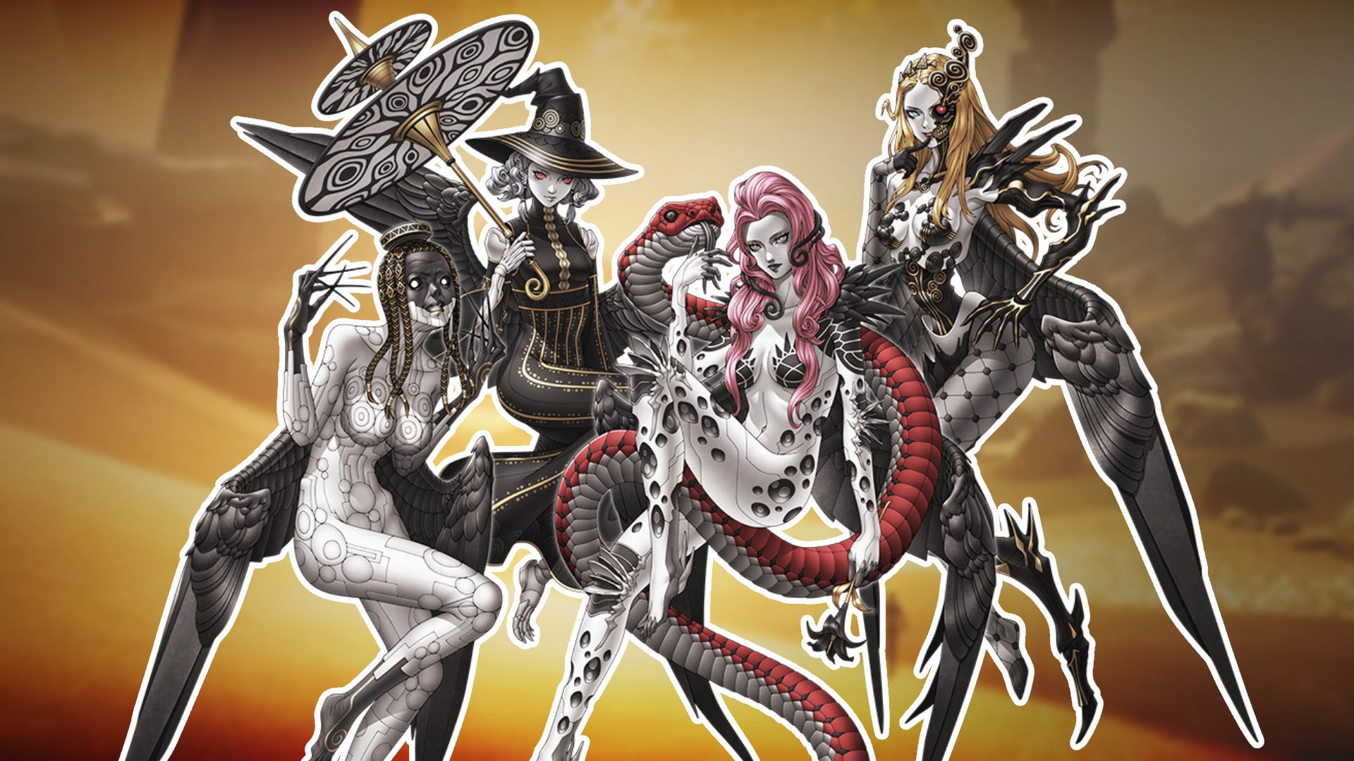 A collection of femme demons pose in front of a slightly blurred, hellish desert area. - 1