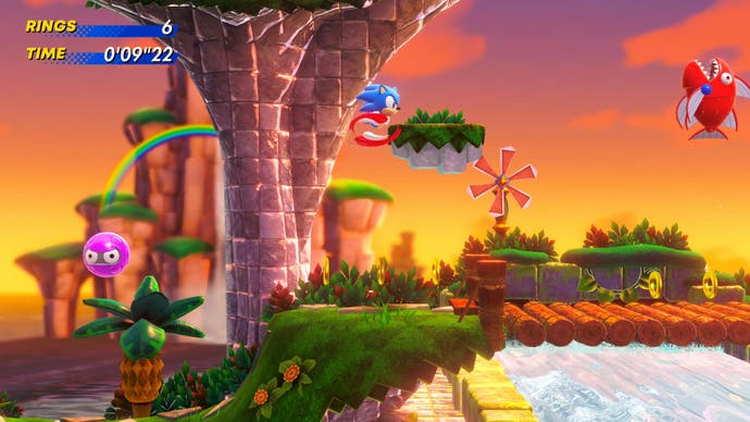 Sonic running through Bridge Zone at sunset with gorgeous lighting