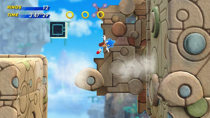 Sonic floating in mid-air in Sky Temple in Sonic Superstars