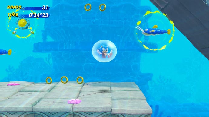 Sonic floating in a bubble in underwater level in Sonic Superstars