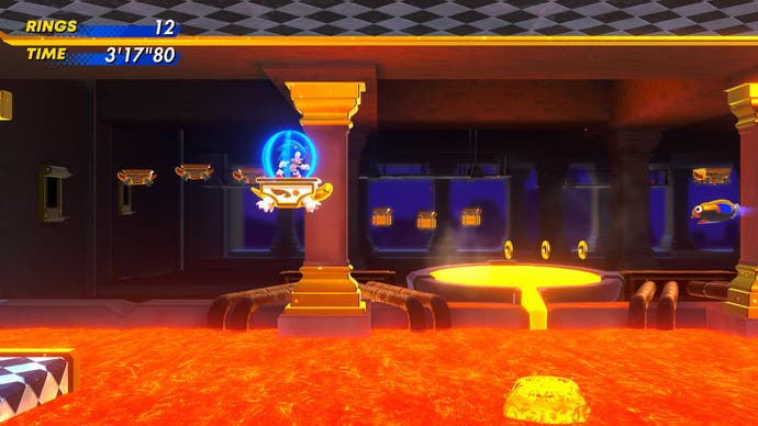 Sonic rides a platform over lava during a bossfight