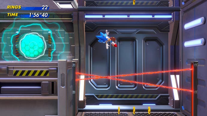 Sonic floating in zero gravity in Sonic Superstars space station level