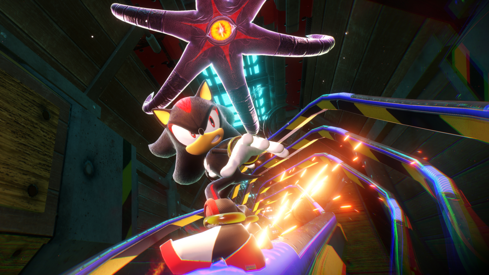 Shadow grinds on a rail through space chased by black tentacled Black Doom villain in Shadow x Sonic Generations screenshot