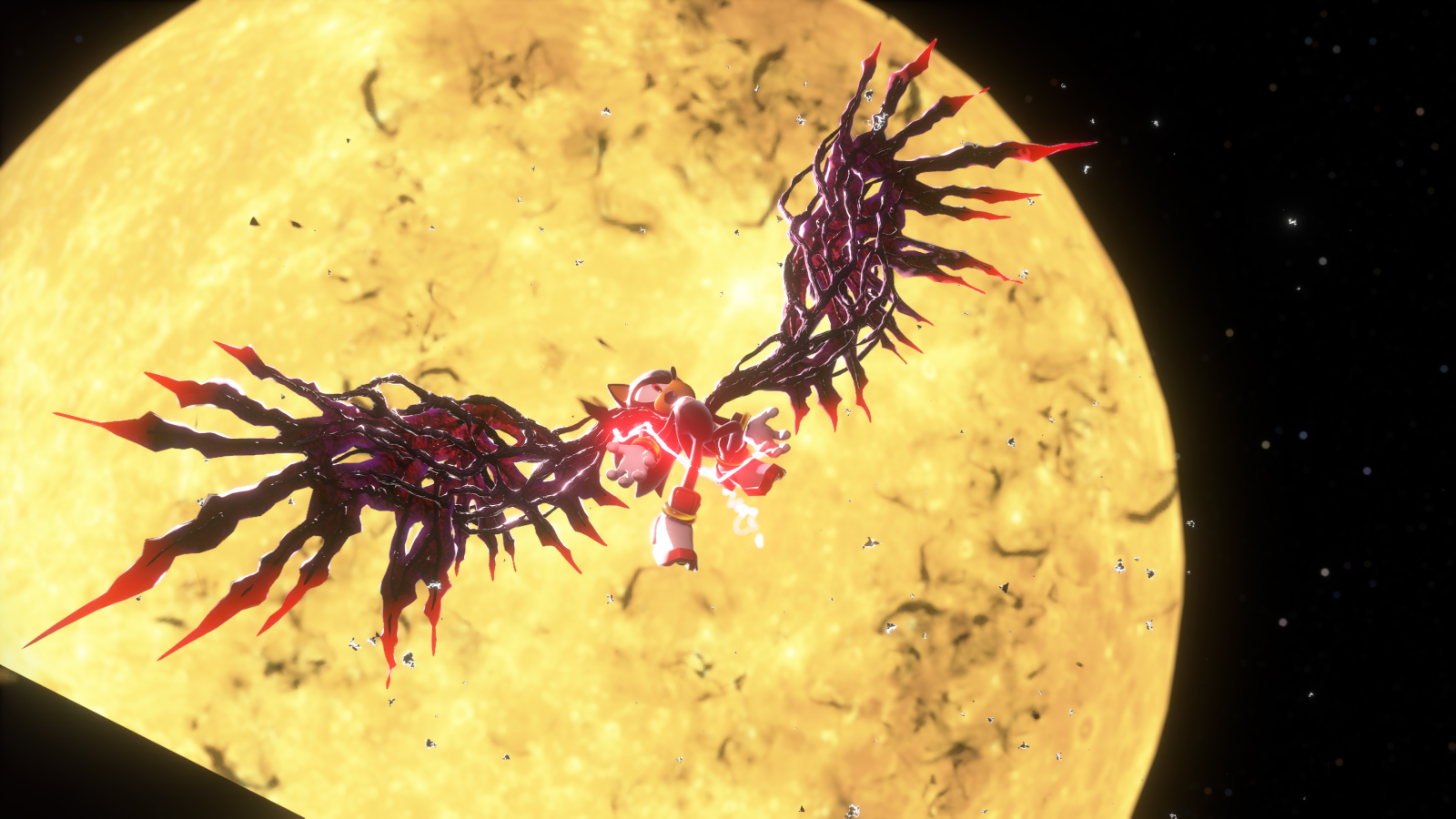 Shadow the black hedgehog sprouts black wings in front of the moon