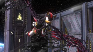 Shadow the Hedgehog floats in space sprouting black inky wings