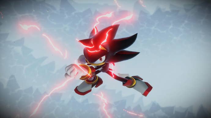 Screenshot of Shadow the Hedgehog from Sonic x Shadow Generations showing him posing in mid-air with red electric energy