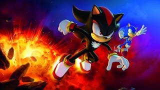 Artwork of Shadow the Hedgehog and Sonic flying through space from a huge explosion