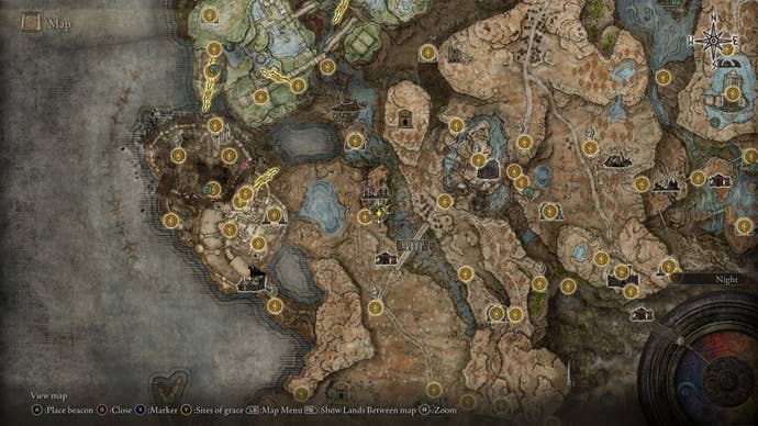 The location of a Larval Tear near the Abandoned Ailing Village is marked on the Elden Ring Shadow of the Erdtree map