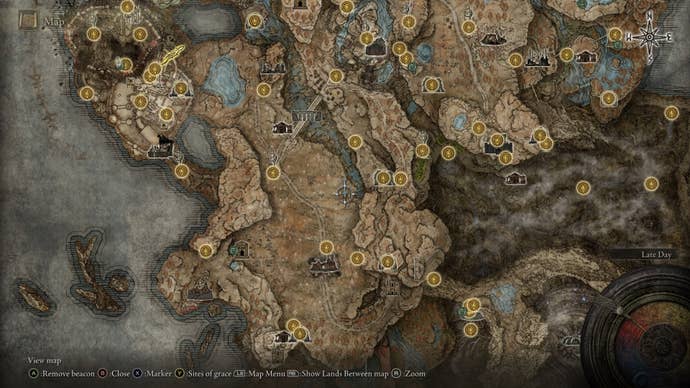 The location of the Backhand Blade and Blind Spot Ash of War is marked on the Elden Ring Shadow of the Erdtree map
