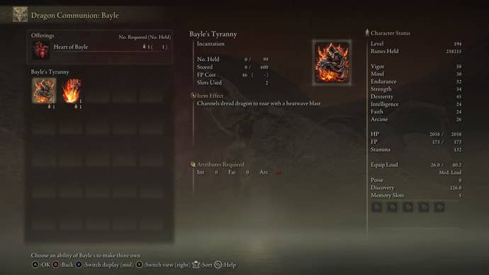 The rewards that can be received from Bayle’s Heart at the Grand Altar of Dragon Communion in Elden Ring Shadow of the Erdtree are shown