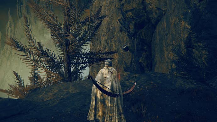 The Tarnished faces a pot hanging from a cliff that contains a Bell Bearing in Elden Ring Shadow of the Erdtree