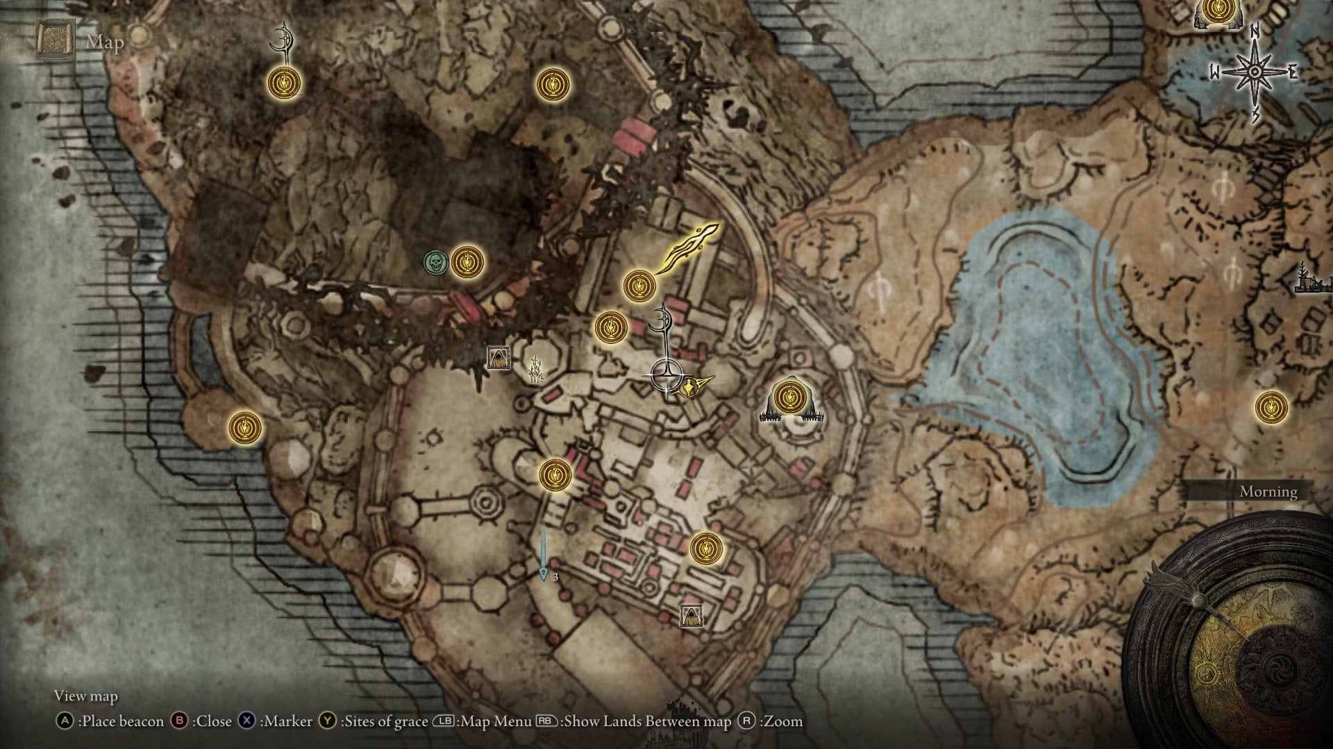 The location of a Scadutree Fragment at a hidden Cross of Miquella inside of Belurat is marked on the Elden Ring Shadow of the Erdtree map - 9