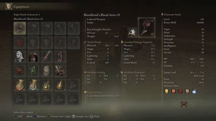 The equipment needed for a Bloodfiend’s Arm build is shown in the player inventory in Elden Ring Shadow of the Erdtree