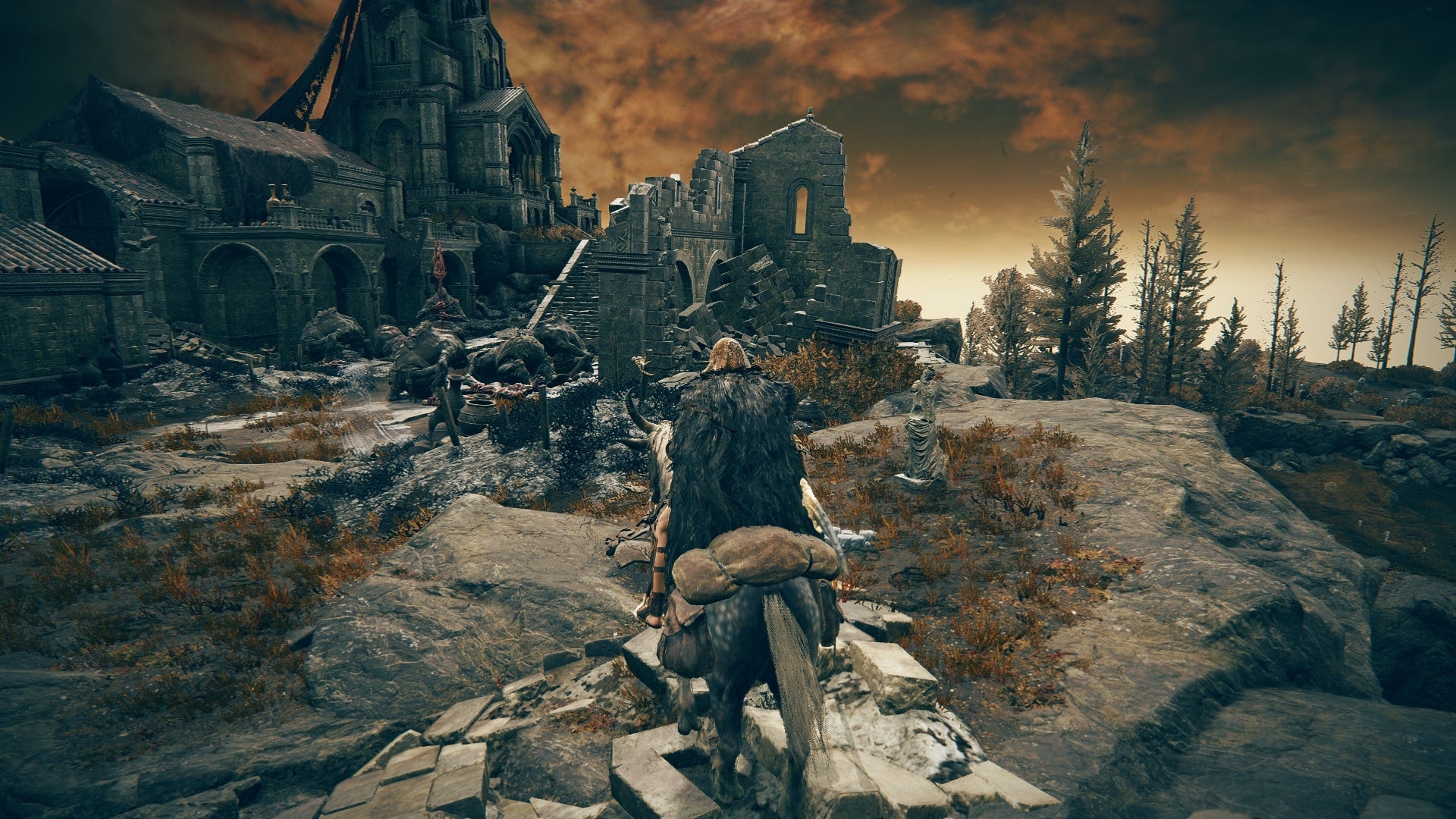 The Tarnished, on Torrent, faces a group of Bloodfiend's at Prospect Town in Elden Ring Shadow of the Erdtree - 4