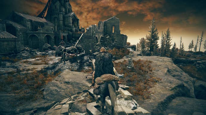 The Tarnished, on Torrent, faces a group of Bloodfiend's at Prospect Town in Elden Ring Shadow of the Erdtree