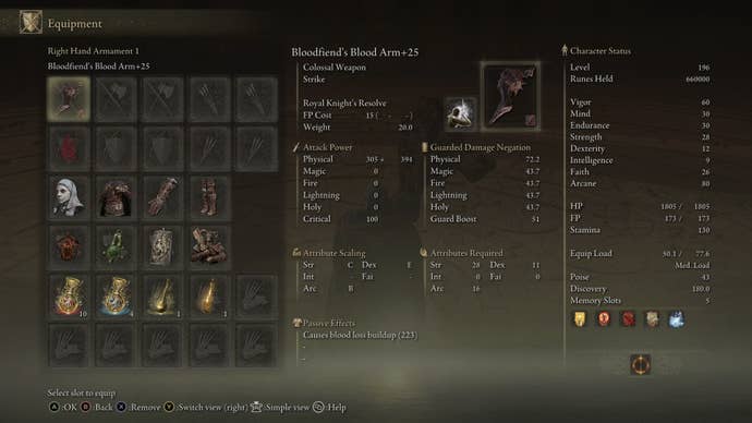 The equipment needed for a Bloodfiend's Arm build is shown in the player inventory in Elden Ring Shadow of the Erdtree